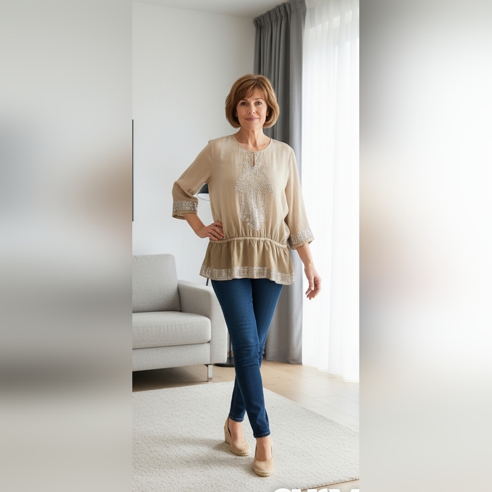 Chico's Peplum Goddess Blouse  3/16/XL Ombre Taupe Silk & Silver Metallic Tunic